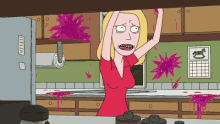 a cartoon drawing of a woman in a kitchen with purple liquid coming out of the cabinets