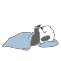 a cartoon drawing of a dog laying under a blanket looking at a cell phone
