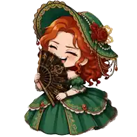 a woman in a green dress and hat holds a fan