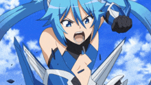 a blue haired anime girl with a sword in her hand is screaming