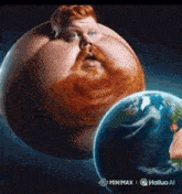 a cartoon of a fat man with a beard standing next to a small earth