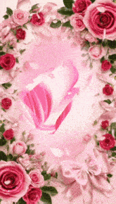 a heart made of pink roses and butterflies on a pink background
