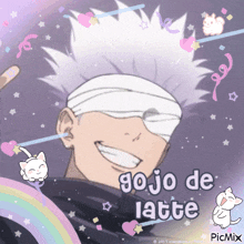 a picture of a man with a bandage on his head and the words gojo de latte on the bottom