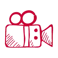 a red drawing of a video camera with two circles on it