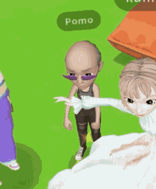 a cartoon character named pomo is standing next to a girl in a blue dress