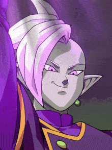 a close up of a cartoon character with purple hair and ears