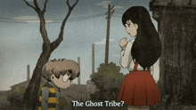 a girl and a boy are standing next to each other and the girl is asking the boy about the ghost tribe