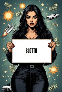 a woman holding a sign that says lotto