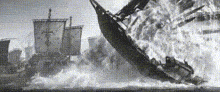a black and white photo of a ship on fire in the ocean .