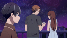 a couple of anime characters standing on a balcony