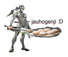 a picture of a robot holding a tray of doughnuts with the words jaunogenji : d below him