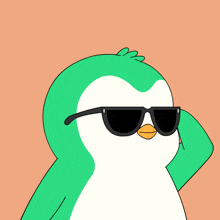 a green and white penguin wearing sunglasses holds a blue bowl