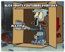 a cartoon character is sitting in a cardboard box holding a mug .