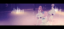 three anime girls are dancing on a stage with a purple background