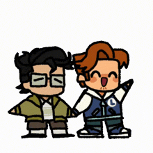 two cartoon characters are holding hands and one has a letter c on his jacket .