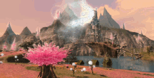 a landscape with a castle in the background and a tree with pink flowers in the foreground