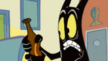 a cartoon character is holding a bottle of beer in his hand