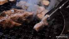 a piece of meat is being cooked on a grill with tongs made in animatica