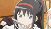 a girl with a bow and arrow is holding a piece of paper that says furinaru p
