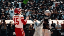 a football player with the number 15 on his jersey stands in front of a crowd