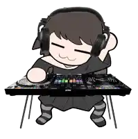 a cartoon of a girl wearing headphones playing a dj set