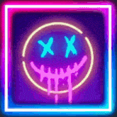a neon sign with a smiley face and x 's on it 's eyes .