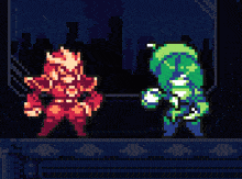 a pixel art of a man and a monster fighting each other