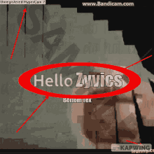 a red circle with the words hello zyvics written inside of it