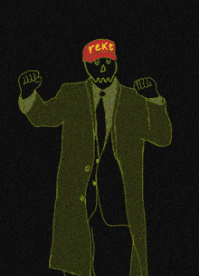 a man in a suit and tie is wearing a red hat that says rekt