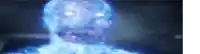 a blurry picture of a person 's face with glowing eyes and a blue background .