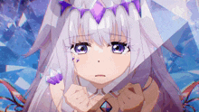 a girl with white hair and purple eyes is holding a purple crystal
