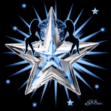 a star with two women sitting on it and the name j.s. san on the bottom