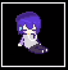 a pixel art of a girl with purple hair and a white shirt .