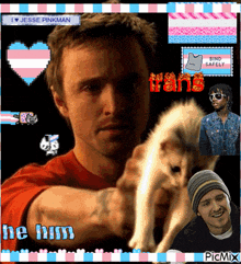 a picture of a man holding a cat with the words he him on it