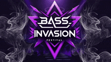 a poster for the bass invasion festival with purple smoke behind it