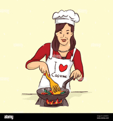 a woman in a chef 's hat and apron is cooking food in a pan .