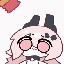 a pink cartoon character with a red hammer on top of her head