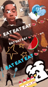 a boy taking a picture of himself with the words eat eat eat on the bottom