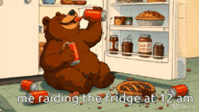 a cartoon of a bear sitting in front of a fridge drinking a soda
