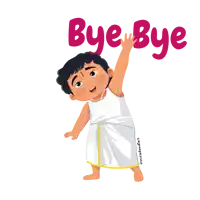 a cartoon drawing of a boy waving with the words bye bye behind him