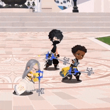 a group of cartoon characters are standing on a tiled floor holding swords