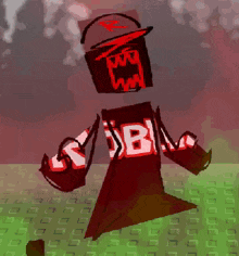 a drawing of a roblox character with a bucket on his head .