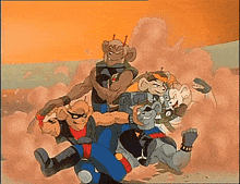 a group of cartoon characters are standing in a pile of smoke .