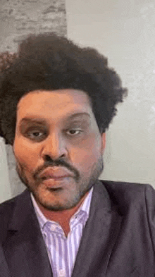 a man with a beard and afro is wearing a suit and striped shirt .