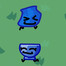 a cartoon drawing of a blue object and a bowl with faces on them