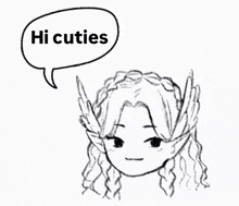 a black and white drawing of a girl with wings and a speech bubble that says hi cuties