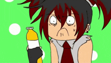 a cartoon of a girl holding a yellow bottle with a white label