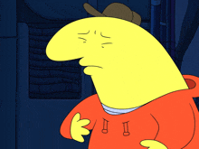 a yellow cartoon character with a brown hat and a red hoodie
