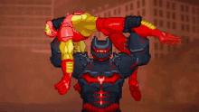 a pixel art of a robot fighting a superhero