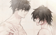 a drawing of two men standing next to each other with their shirts off